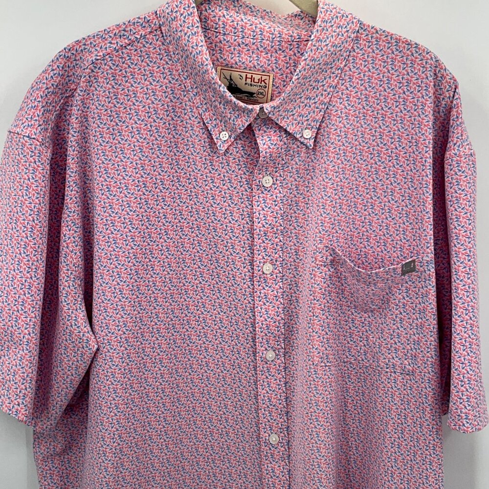Huk Fishing Men's 2XL Pink & Blue Pattern Short Sleeve Lightweight‎
